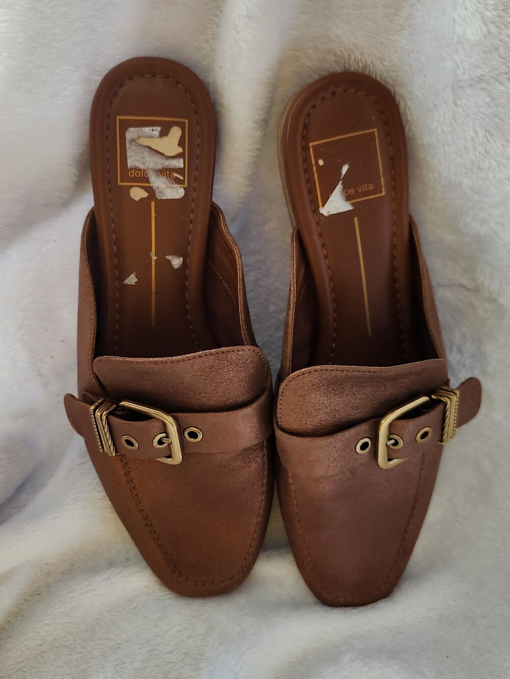 Dolce Vita Tan Brown Slip-On Mules with Gold Buckle Accents